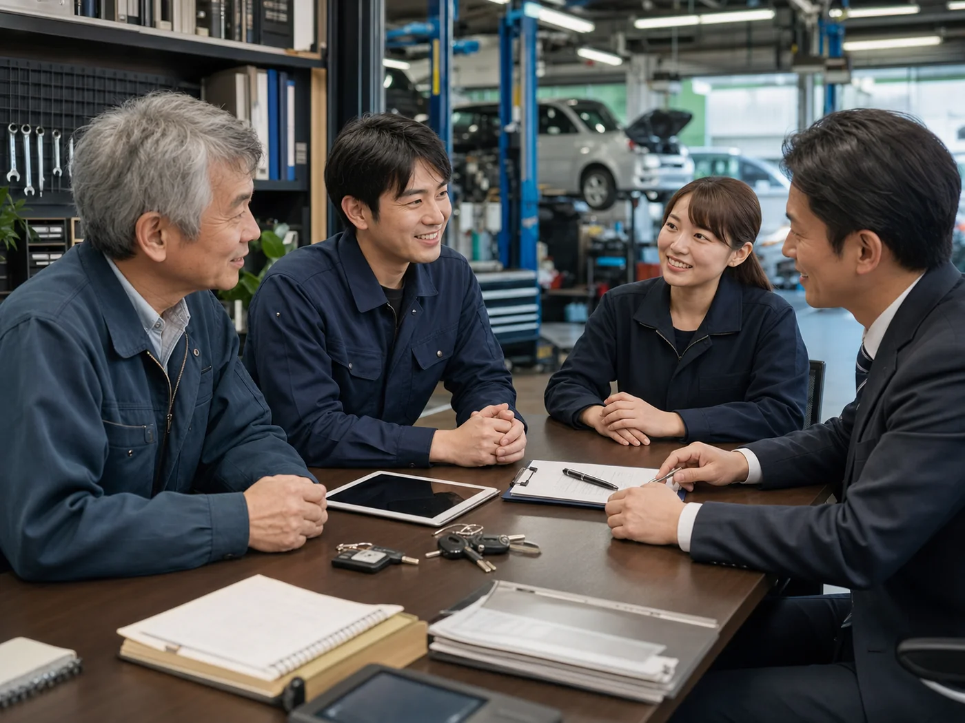 自動車整備事業の承継を話し合う経営者とスタッフのイメージ