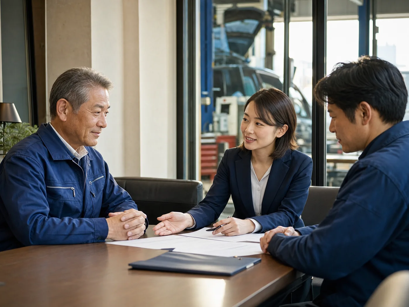 自動車整備工場の譲渡相談を行う経営者とアドバイザー