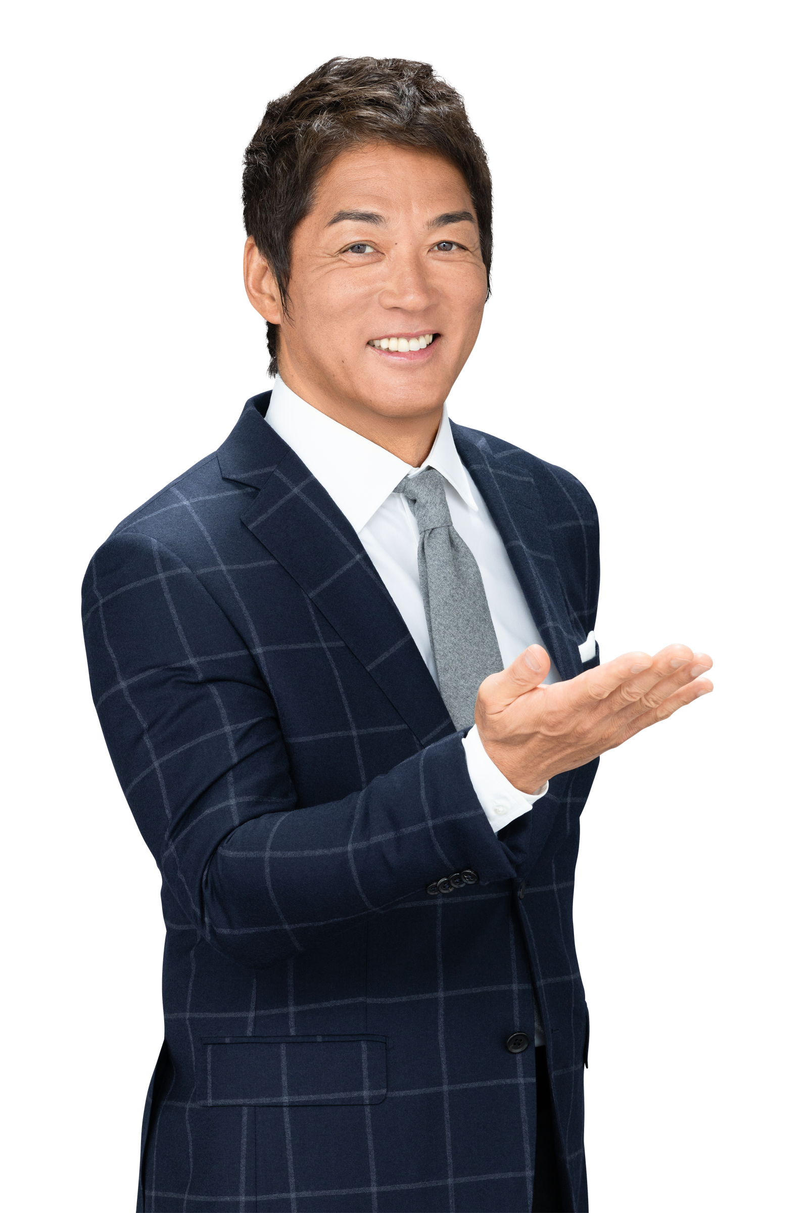スーツ姿で案内する長嶋一茂さん