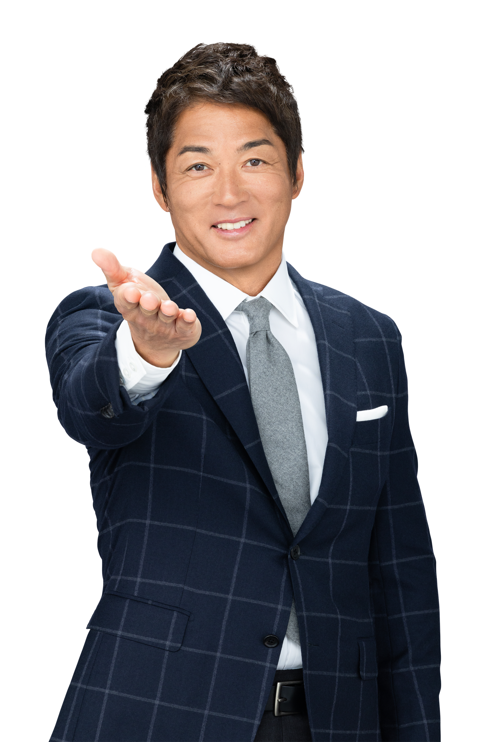 スーツ姿で手を差し出す長嶋一茂さん