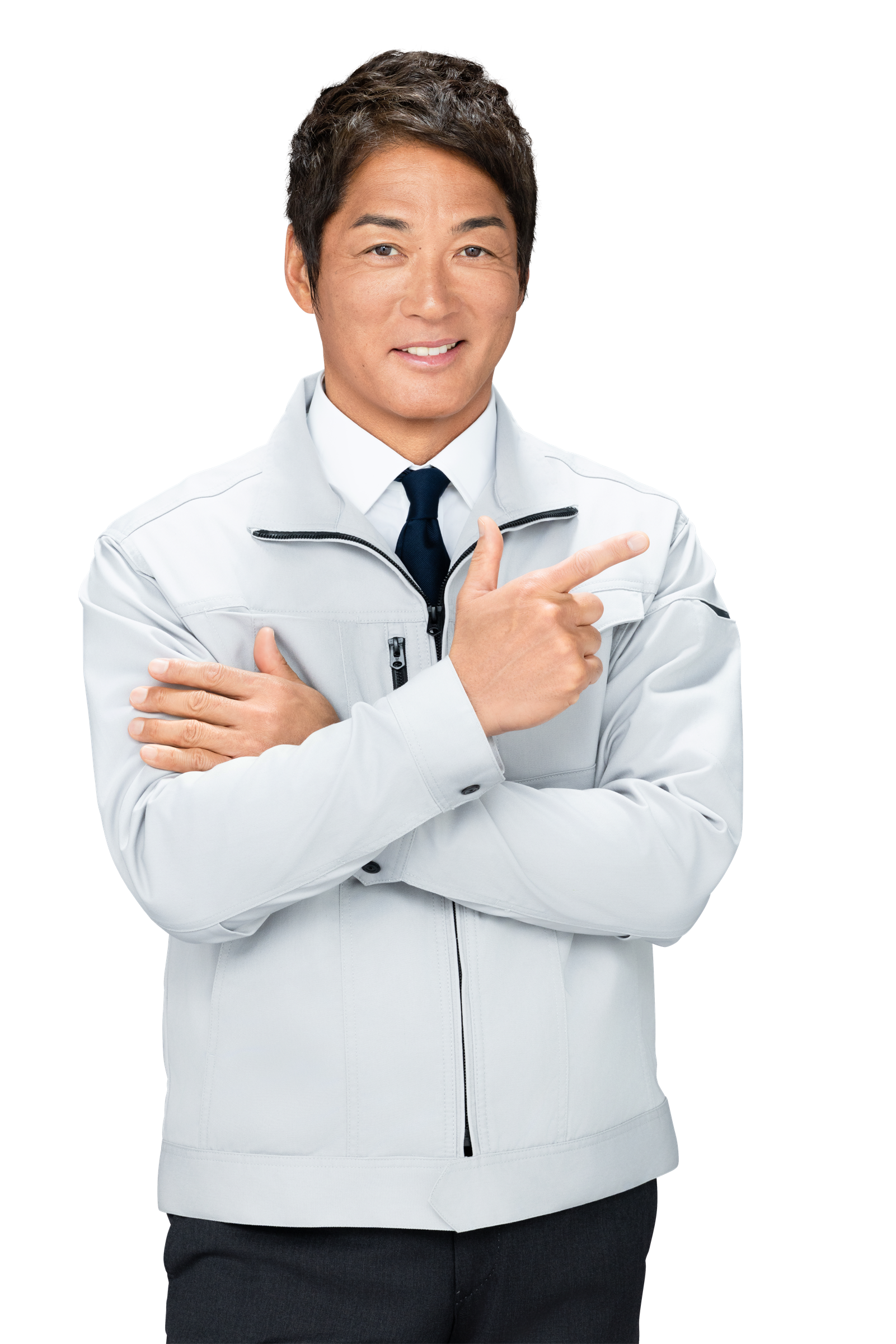 ワークウェア姿で右方向を指す長嶋一茂さん