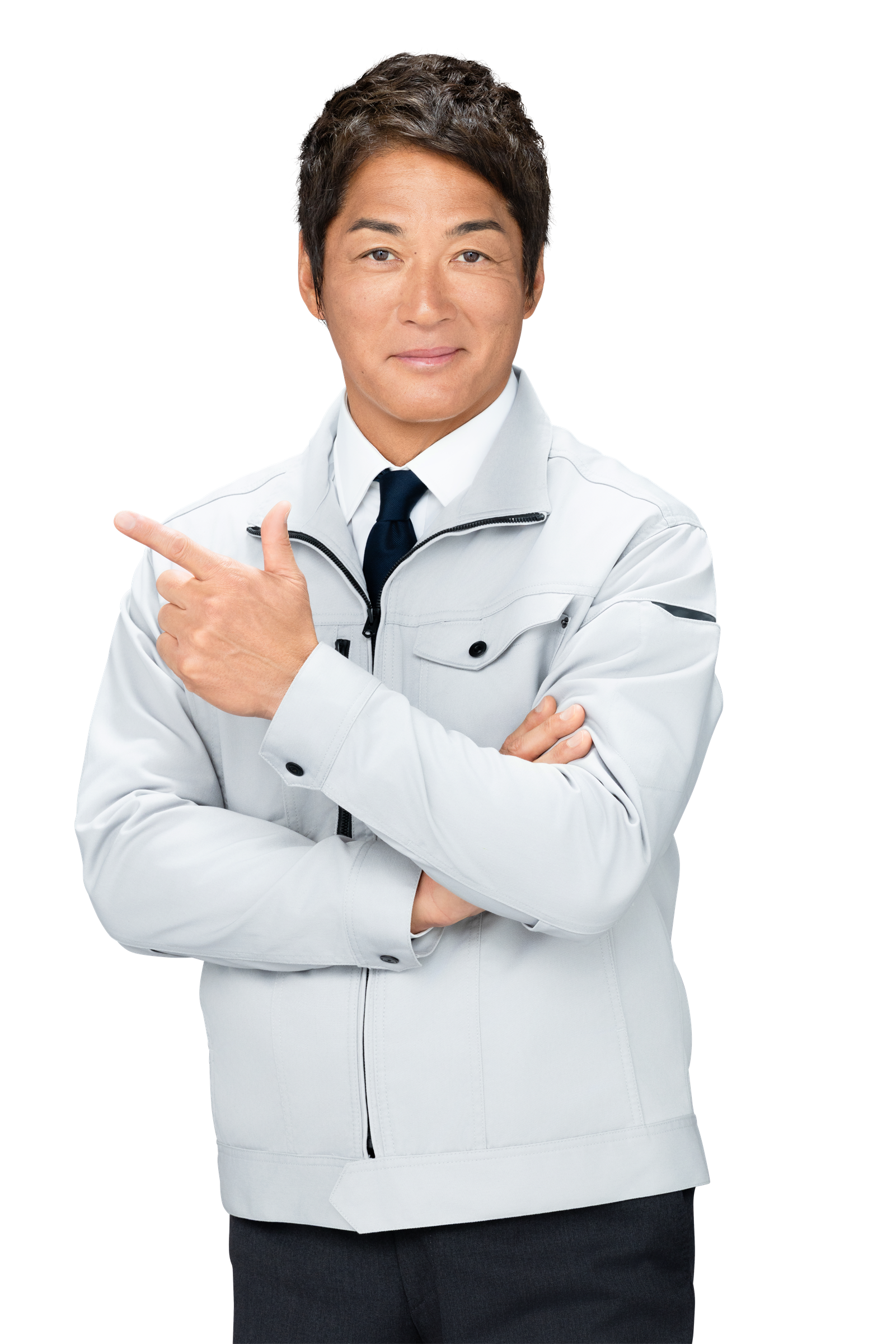 ワークウェア姿で左方向を指す長嶋一茂さん