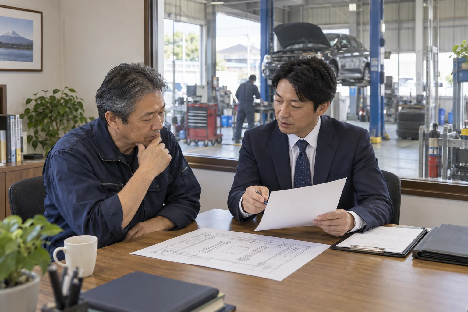 自動車整備M&Aによる工場の売却・事業承継について資料を確認するオーナーとアドバイザーのイメージ